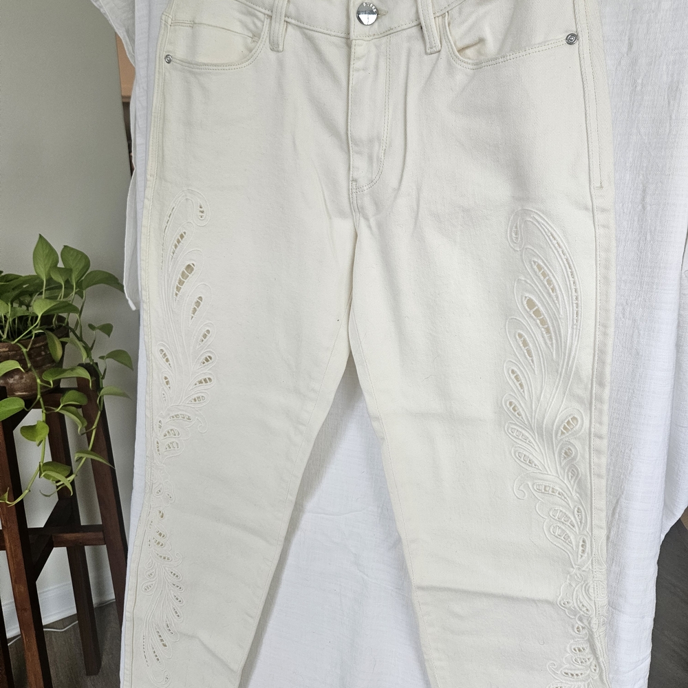 Guess Cream Embroidered Straight Leg Jeans